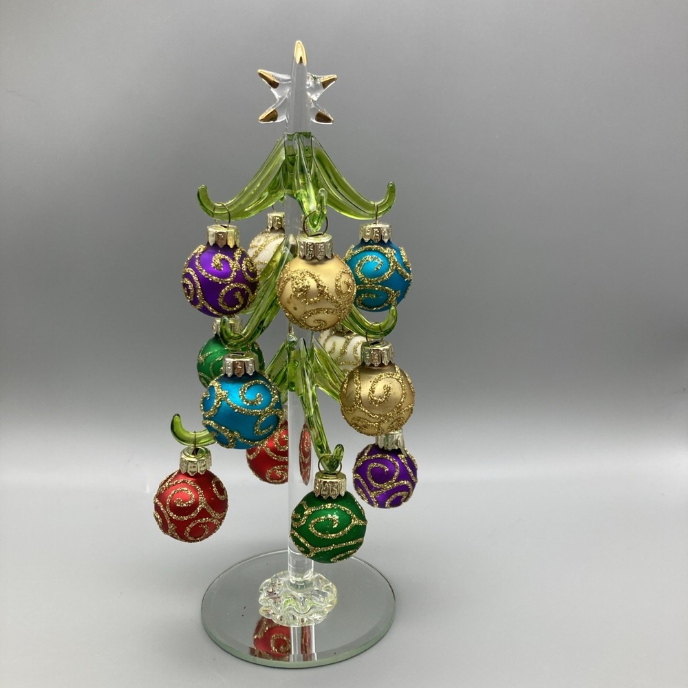 LS Arts 10.5" Glass Crystal Christmas Tree W/Gold Star 12 Assorted Ornaments